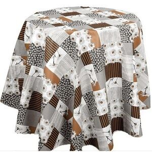 RAY STAR Patchwork 60” Round Vinyl Flannelback Tablecloth, Brown Black White